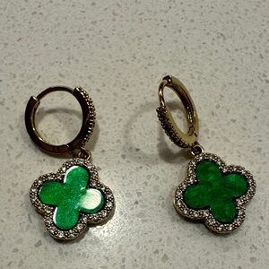 Gold-Tone Clover Drop Hoop Earrings with Green Accents